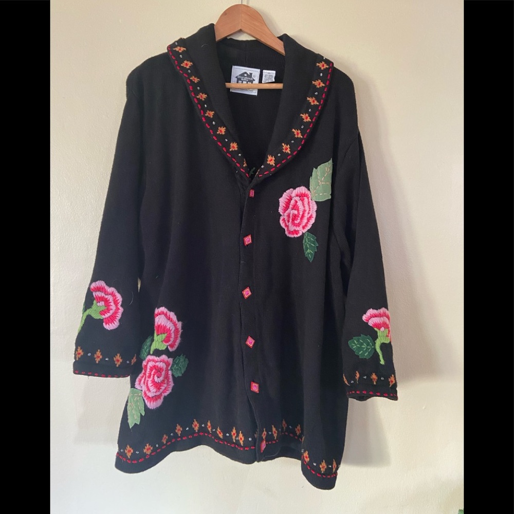 Vintage VTG Story Book Knits Rose Garden Cardigan Cowl Retro Knit Sweater
